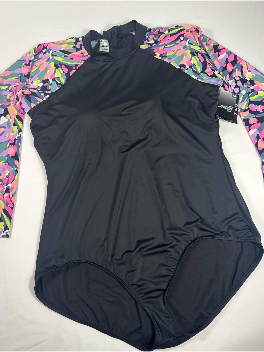 Avia Black One-Piece Swimsuit with Multicolor Sleeve Print